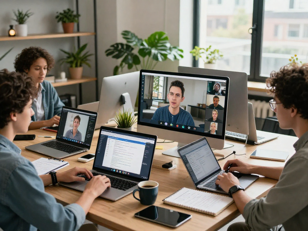 Group of professionals collaborating using ToDesk remote desktop software in a vibrant workspace.