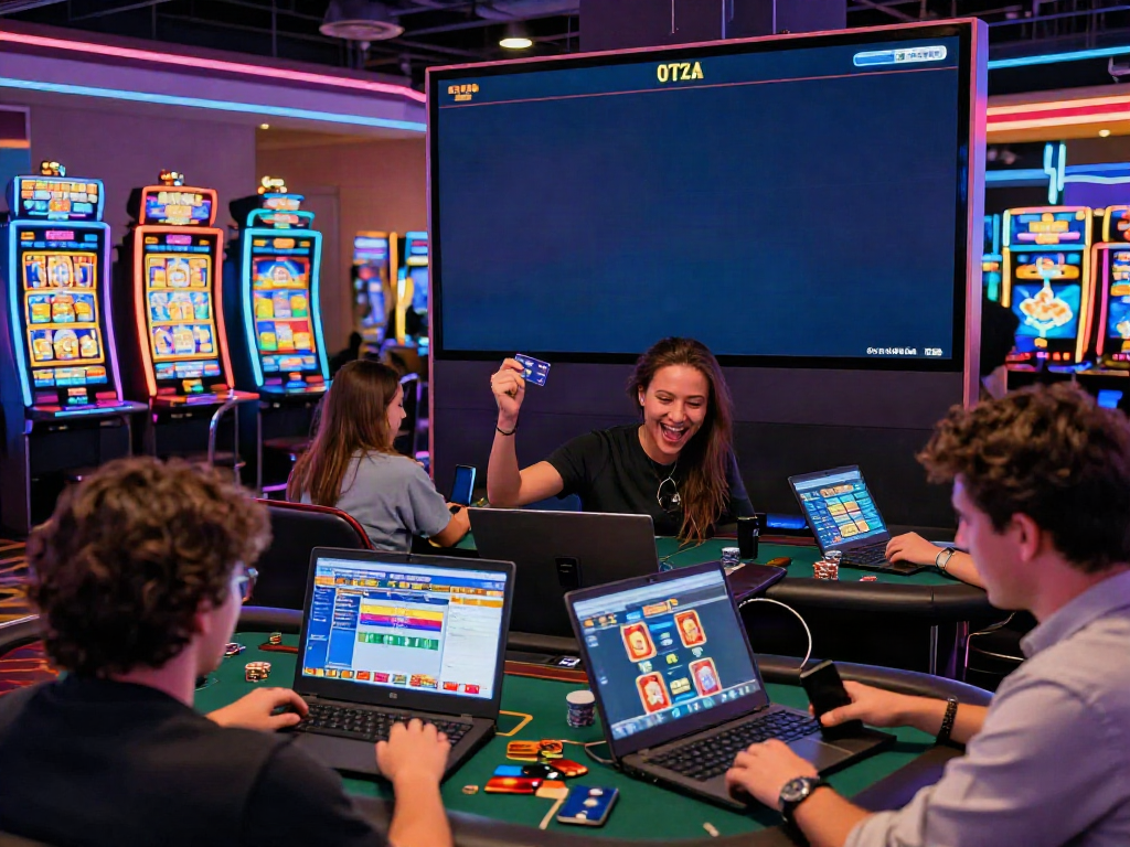Exciting scene at online casinos that accept credit cards featuring players using laptops and mobile devices amid vibrant neon lights.