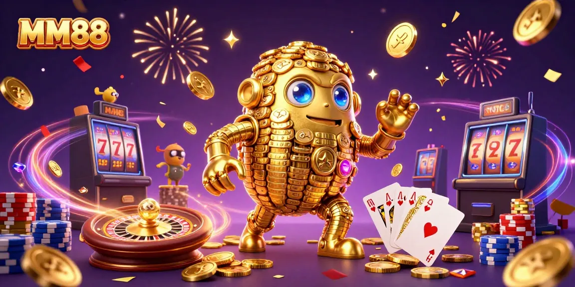 Experience the excitement of MM88 with a dazzling 3D golden golem surrounded by cascading coins and vibrant casino elements.