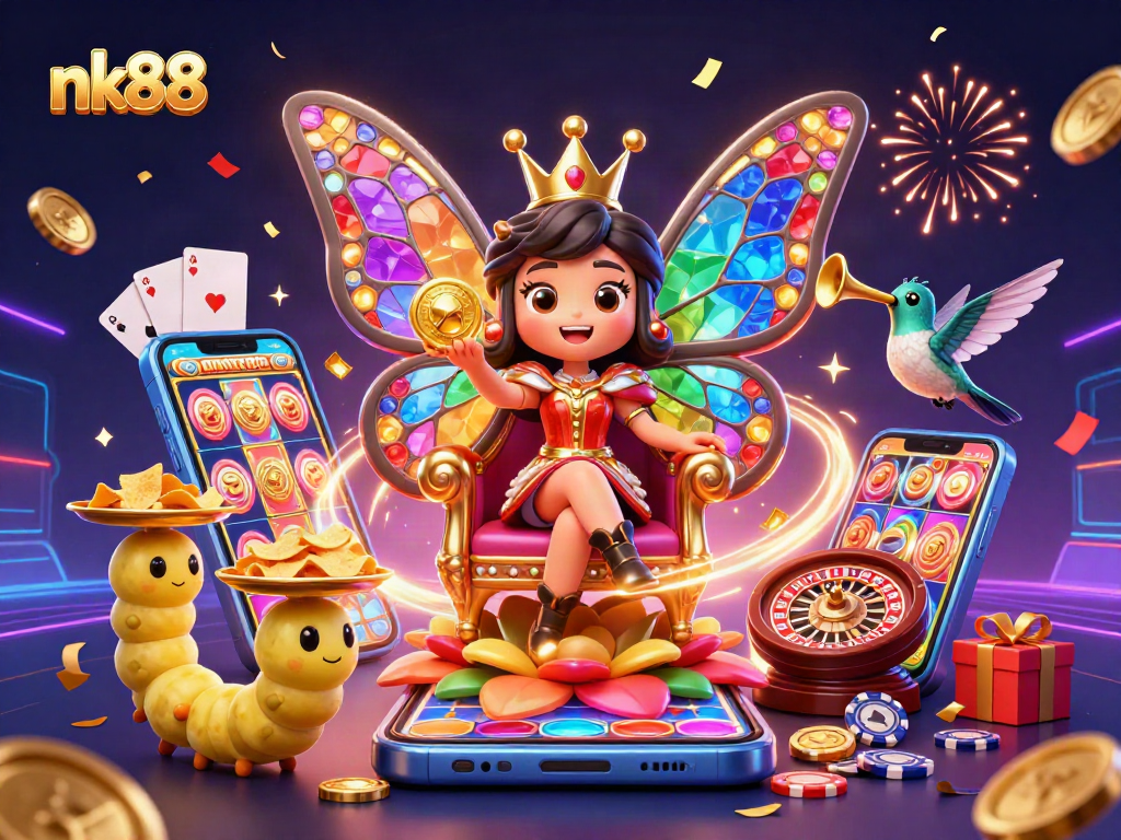 nk88 showcases an enchanting 3D butterfly theme with colorful gambling elements attracting players.