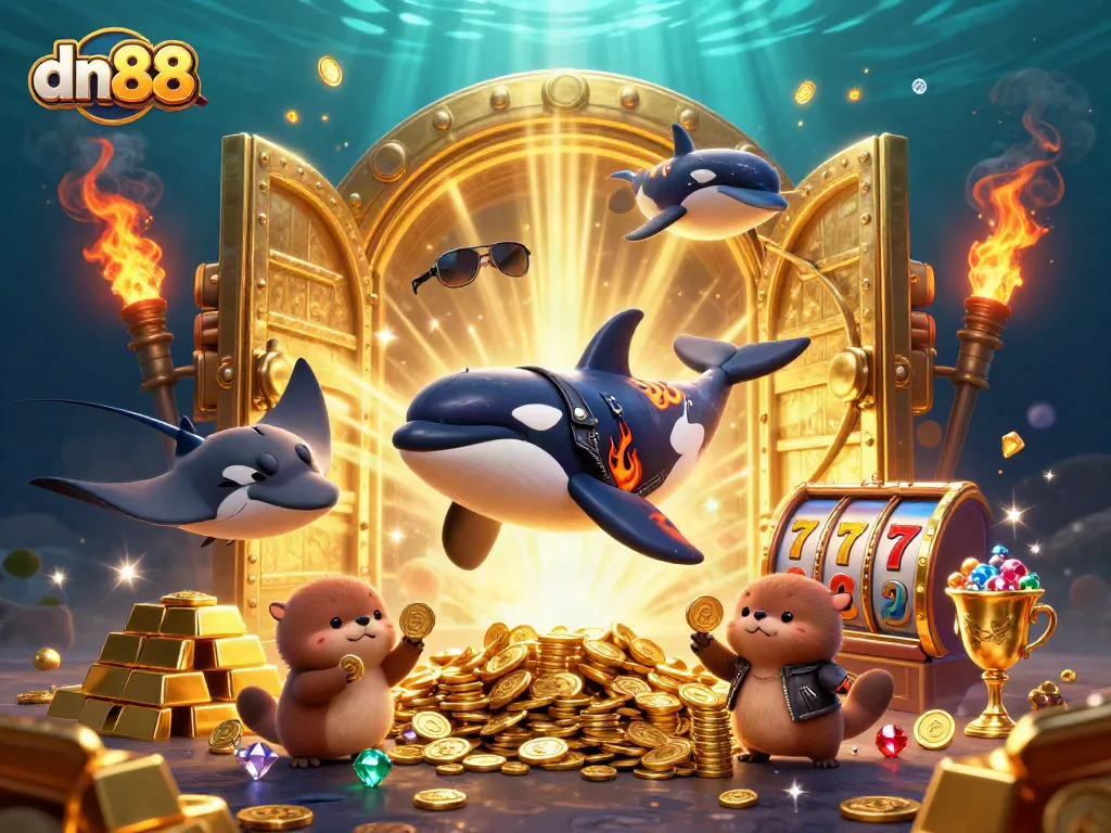 Engage with dn88 by enjoying thrilling casino adventures featuring a jumping orca, a stingray, and sea otters holding coins.