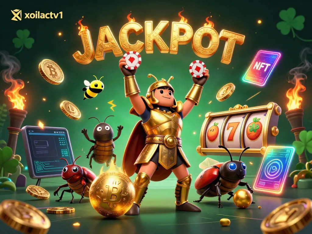 Xoilactv1 showcases a victorious beetle lifting a poker chip amidst a dazzling casino scene.