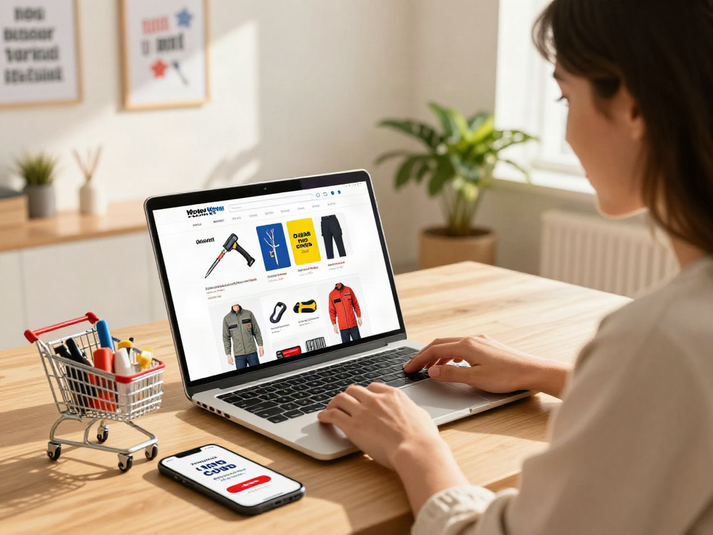 Browsing for the best mister worker discount code in a bright home office.