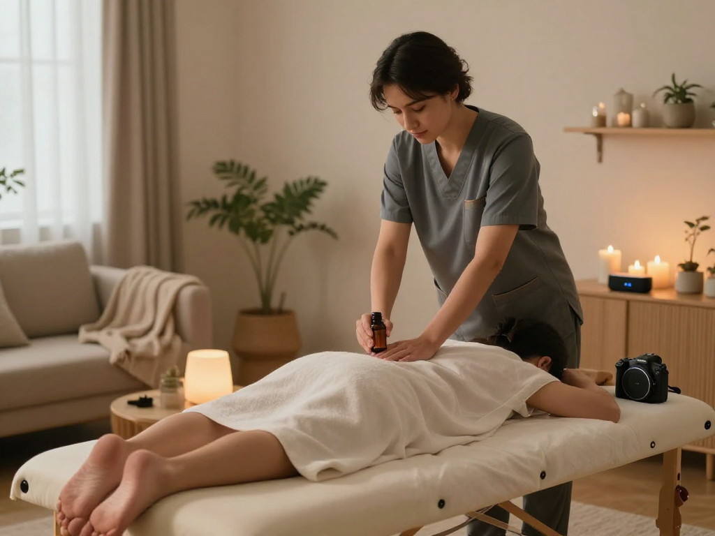 Relaxing 영종도출장마사지 in a tranquil home setting with professional therapist, soft lighting, and calming decor.