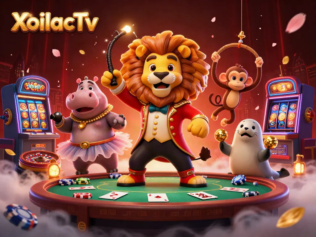 XoilacTv showcases a vibrant casino scene with cartoon animals at the center of action.