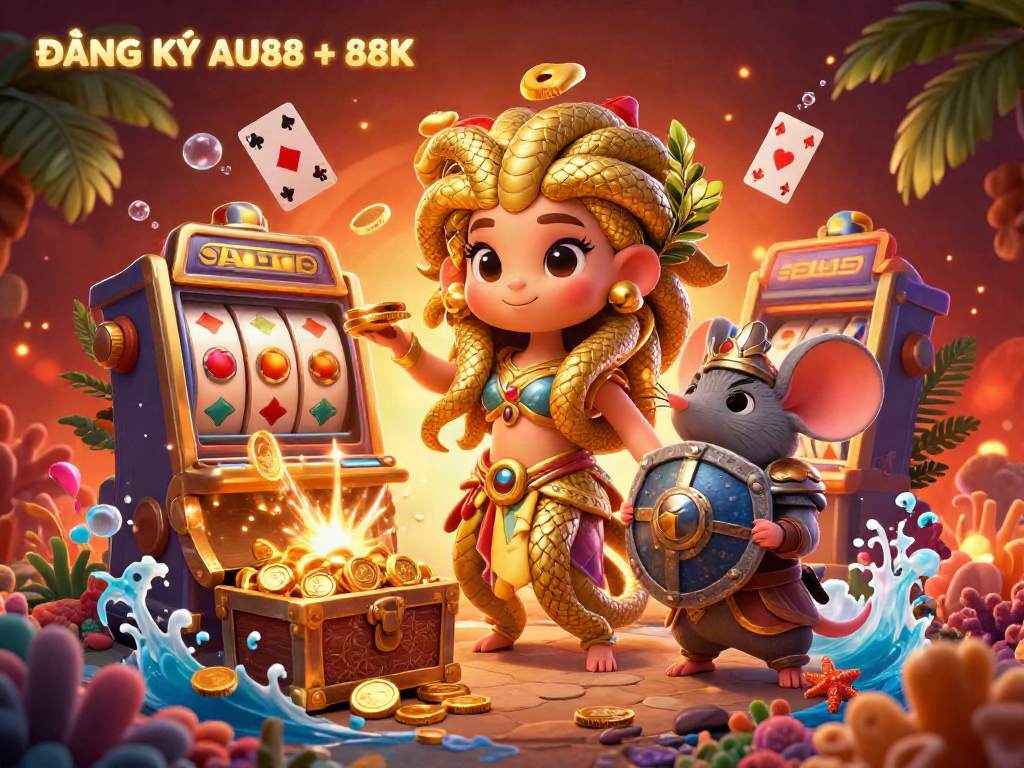 Engage in thrilling gameplay at ĐĂNG KÝ AU88 + 88K with lively 3D characters exploring vibrant casino elements.