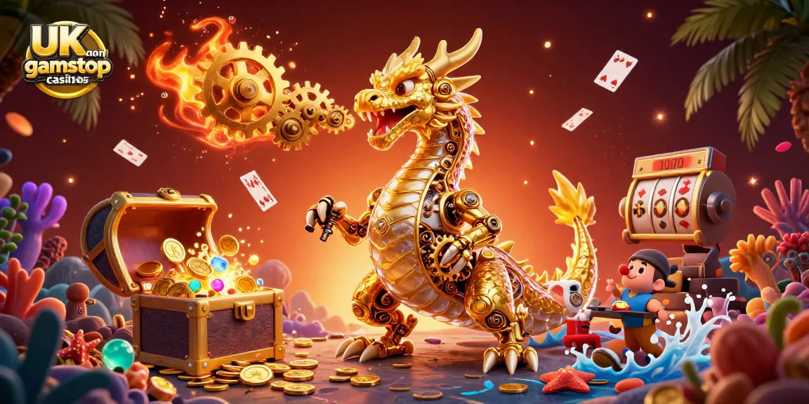 Engage with UK non gamstop casinos featuring a golden dragon surrounded by treasures and gaming elements.