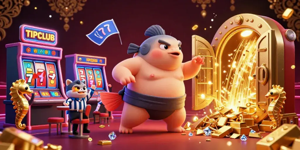 Engage with TIPCLUB in a vivid casino scene featuring a fugu in a sumo belt and dynamic gaming elements.