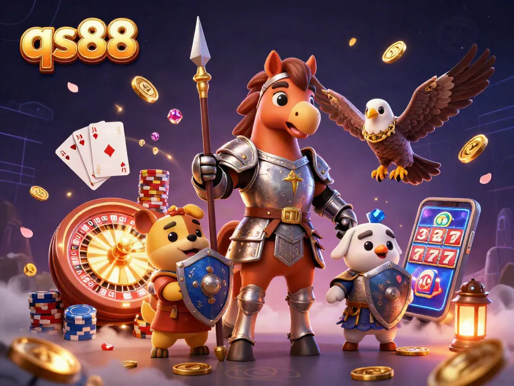 qs88 engages players in a dynamic scene featuring knights, coins, and gaming elements.