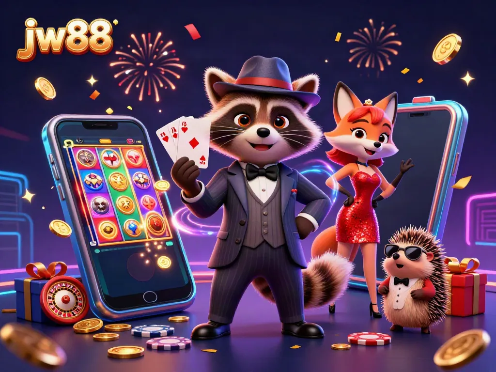 Experience excitement at jw88 with a suave raccoon, glamorous fox, and bouncer in a vibrant casino scene.