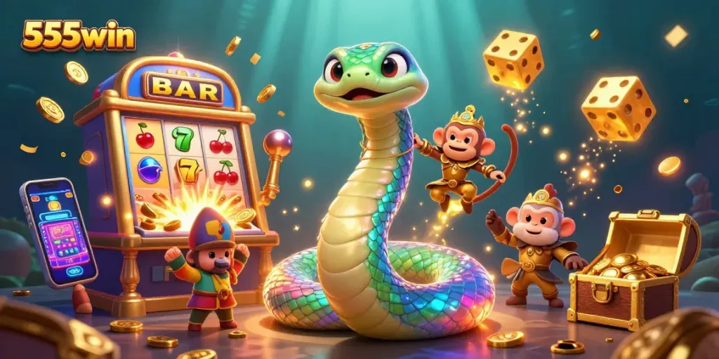 Experience thrilling gaming adventures at 555win with a vibrant 3D casino scene filled with jackpots and exciting elements.