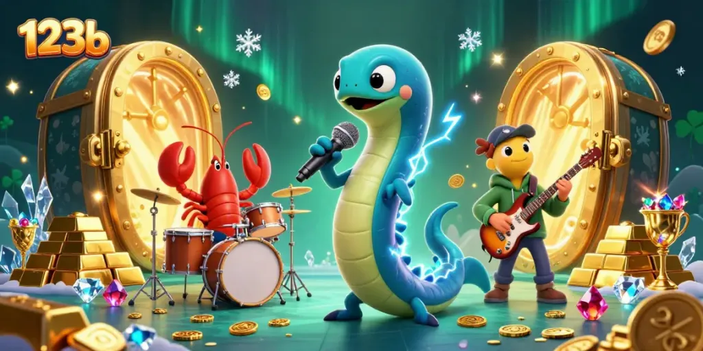 Engage with the vibrant 123b underwater casino scene featuring an electric eel DJ and dynamic marine band.