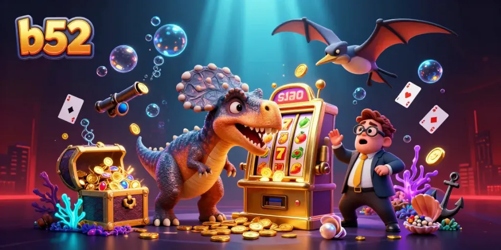 Experience thrilling jackpots with b52 as a pachycephalosaurus celebrates a big win at a vibrant casino scene.