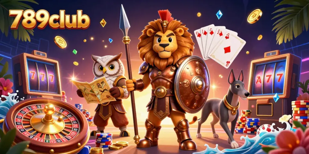 Engage with 789club's thrilling atmosphere, featuring a Spartan lion and dynamic casino elements.