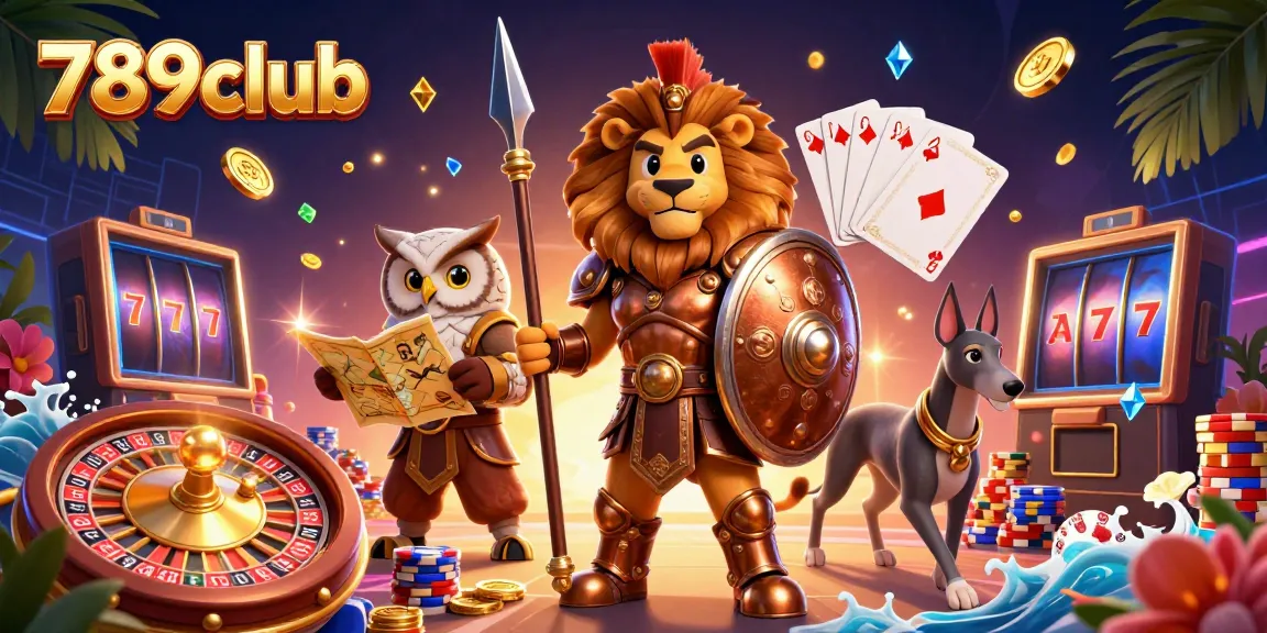 Engage with 789club's thrilling atmosphere, featuring a Spartan lion and dynamic casino elements.