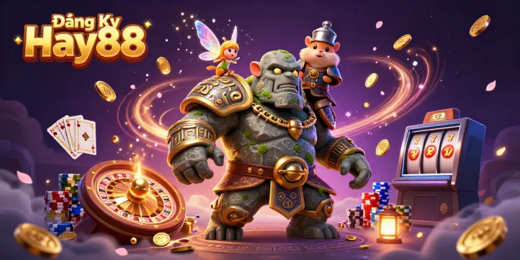Engage in Đăng Ký Hay88 with an enchanting casino scene featuring a golem guardian and magical elements.