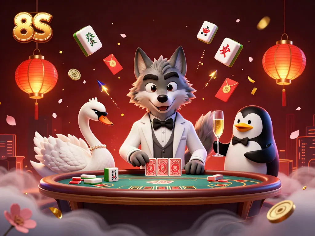 Experience the excitement of 8S casino with a lively scene featuring a debonair wolf, elegant swan, and sophisticated penguin in a vibrant setting.