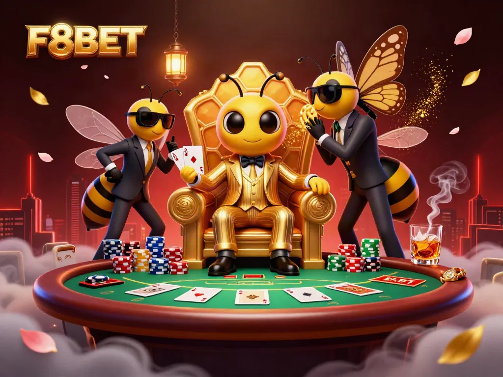 Experience F8BET's thrilling poker scene featuring a cartoon mob boss and luxurious casino elements.