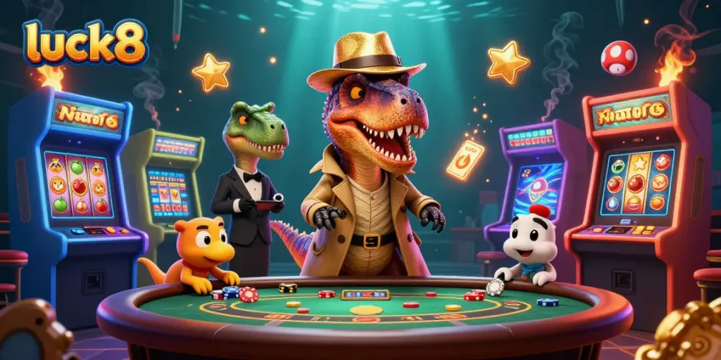 Experience excitement at luck8's animated casino with a clever velociraptor card counter and stegosaurus pit boss.