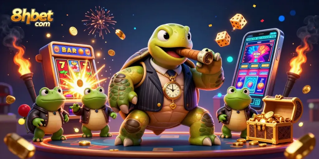 Experience thrilling wins at 8xbet com with a lively casino scene featuring a snapping turtle and more.