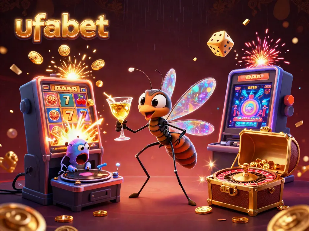 Experience ufabet's vibrant gaming scene with a lively cartoon mascot and dynamic casino elements.