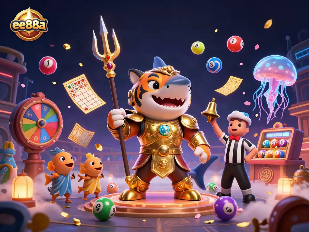 Experience thrilling gameplay with ee88a featuring a tiger shark and colorful lottery elements in a vibrant digital illustration.