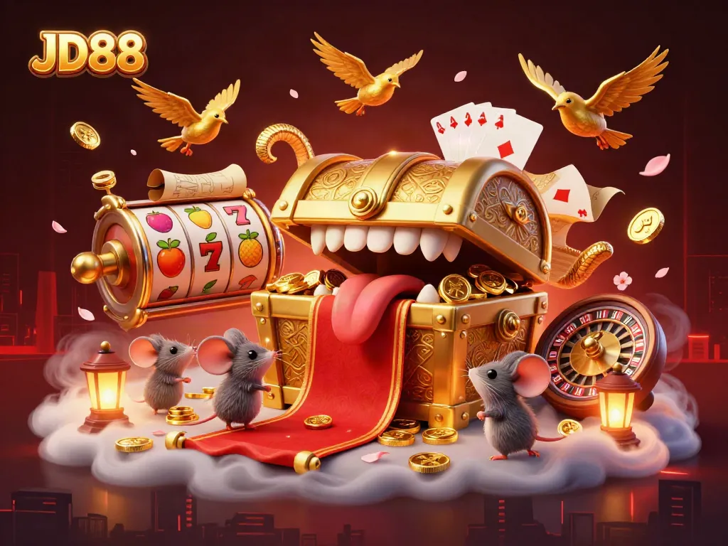 JD88 captures adventurous mice lured by a treasure chest in a vibrant casino scene.