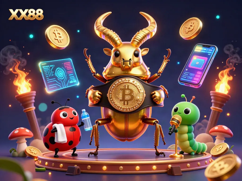 Join the excitement with XX88 as the golden stag beetle and friends battle in a crypto-infused casino scene.