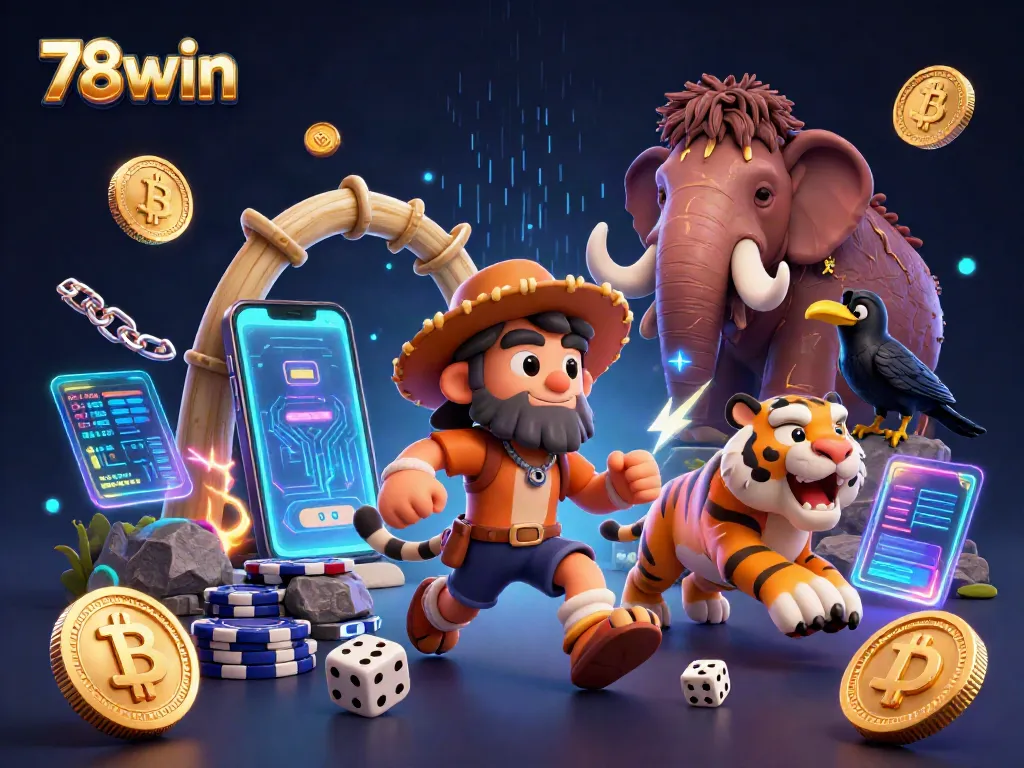Experience thrilling casino action with 78win's caveman duo and vibrant crypto elements.