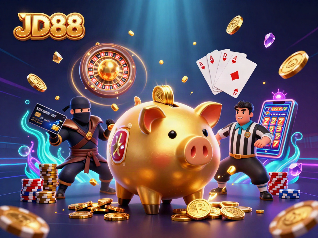 Experience JD88 excitement with a sumo wrestler piggy bank and casino-themed action.