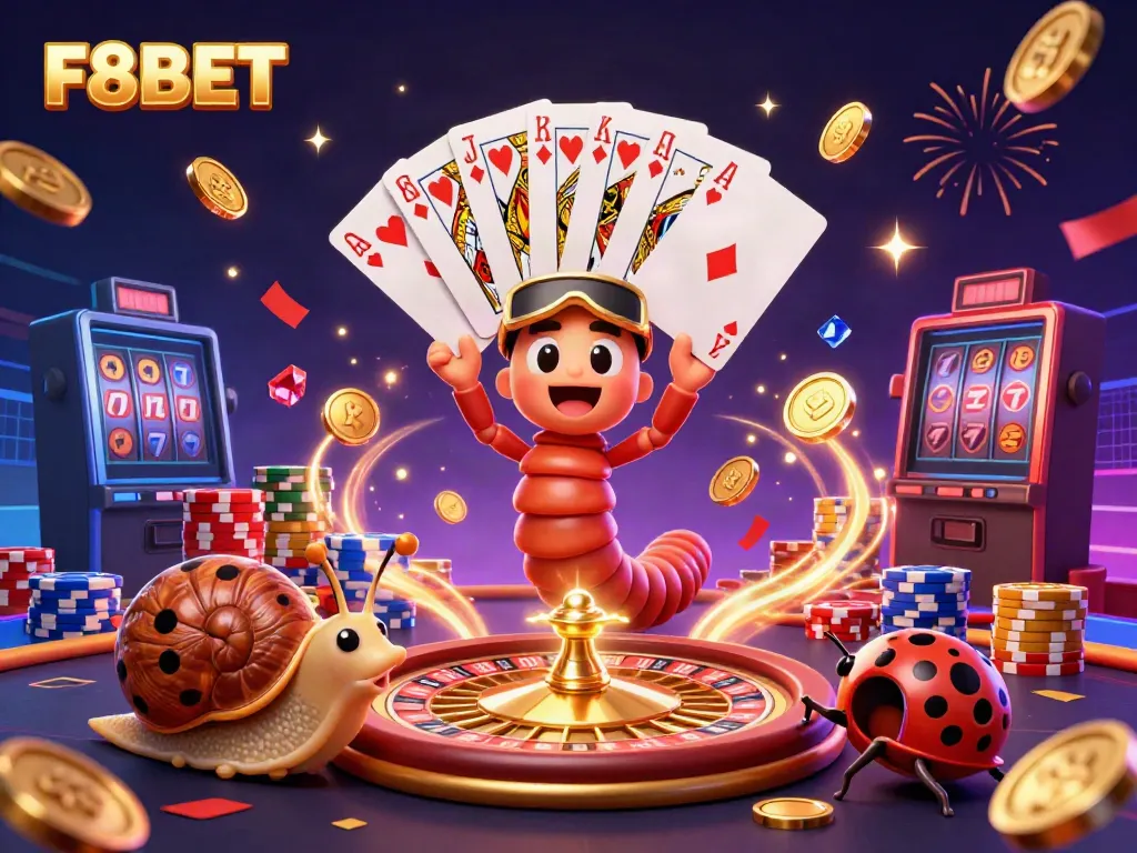 F8BET showcases a lively 3D casino scene with an energetic millipede dealer and vibrant game elements.