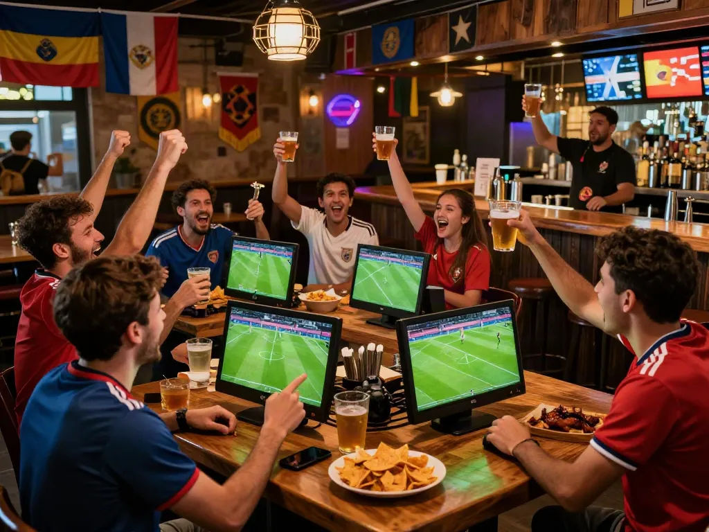 Excited fans at Thapcamtv's sports bar enjoying live soccer matches with vibrant decor.