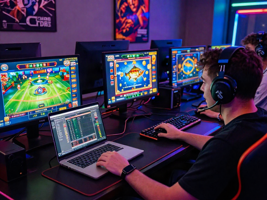 Enthusiastic player at a gaming desk with multiple screens showcasing casino games and sports betting at https://debet.gb.net/.