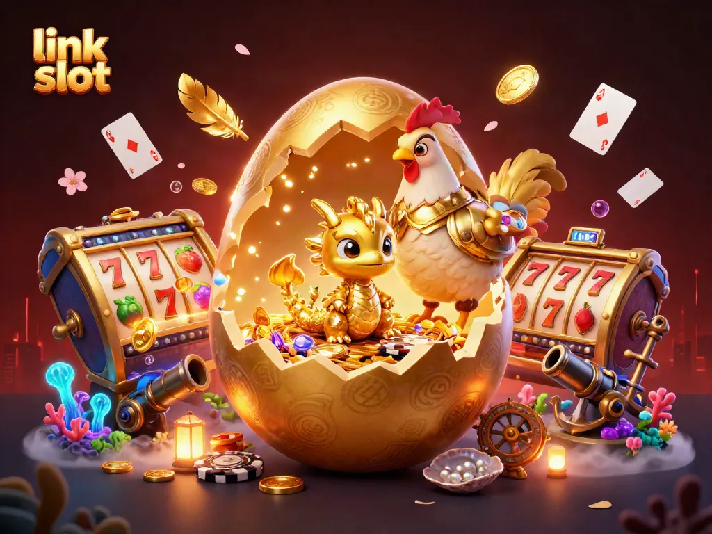 Experience thrilling action with the link slot as a baby dragon guards poker chips in an exciting casino scene.