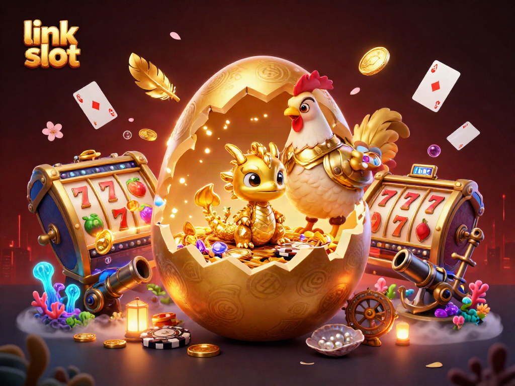 Experience thrilling action with the link slot as a baby dragon guards poker chips in an exciting casino scene.