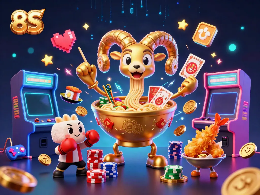 8S showcases a 3D cartoon ramen bowl dealer stacking chips in a vibrant casino scene