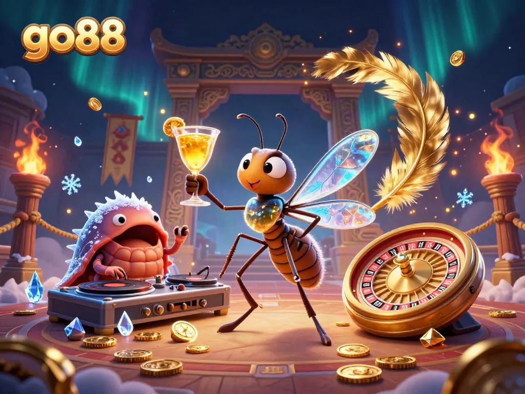 Experience excitement at go88 with a vibrant 3D casino scene featuring unique character mascots and gaming elements.