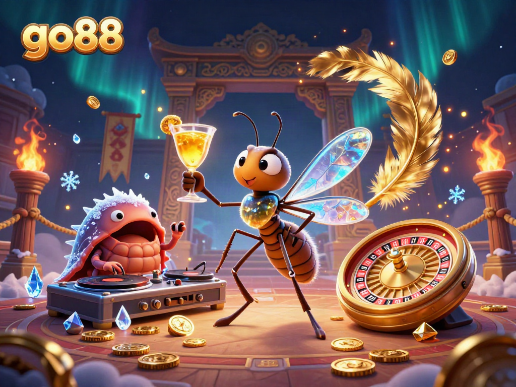 Experience excitement at go88 with a vibrant 3D casino scene featuring unique character mascots and gaming elements.