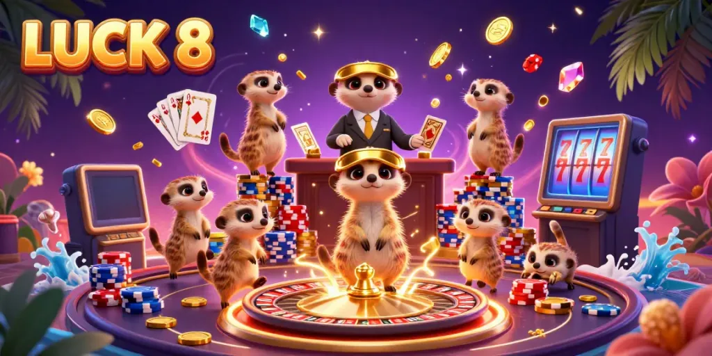 Experience the vibrant world of LUCK 8 as meerkats engage in an exciting casino scene filled with gold coins and a roulette wheel.